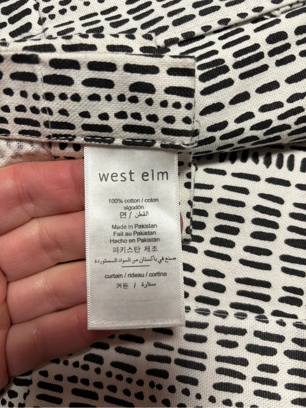(2) West Elm Cotton Canvas Bomu Black White Geometric Dash Curtain Panels 48x84